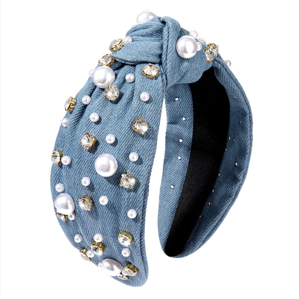 Pearl Knotted Headband for Women White Pearl Rhinestone Crystal Jeweled Embellis